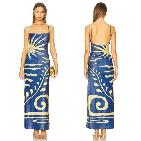 NEW Cala de la Cruz Kim Maxi Dress in Malibu Azul Blue Yellow Resort XS - Picture 1 of 3